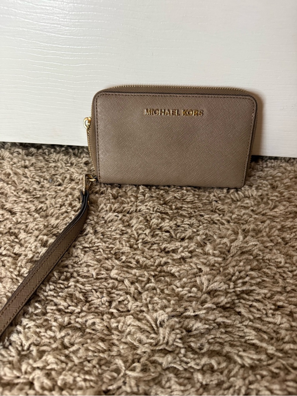 Michael Kors Taupe Saffiano Wristlet with Gold Logo